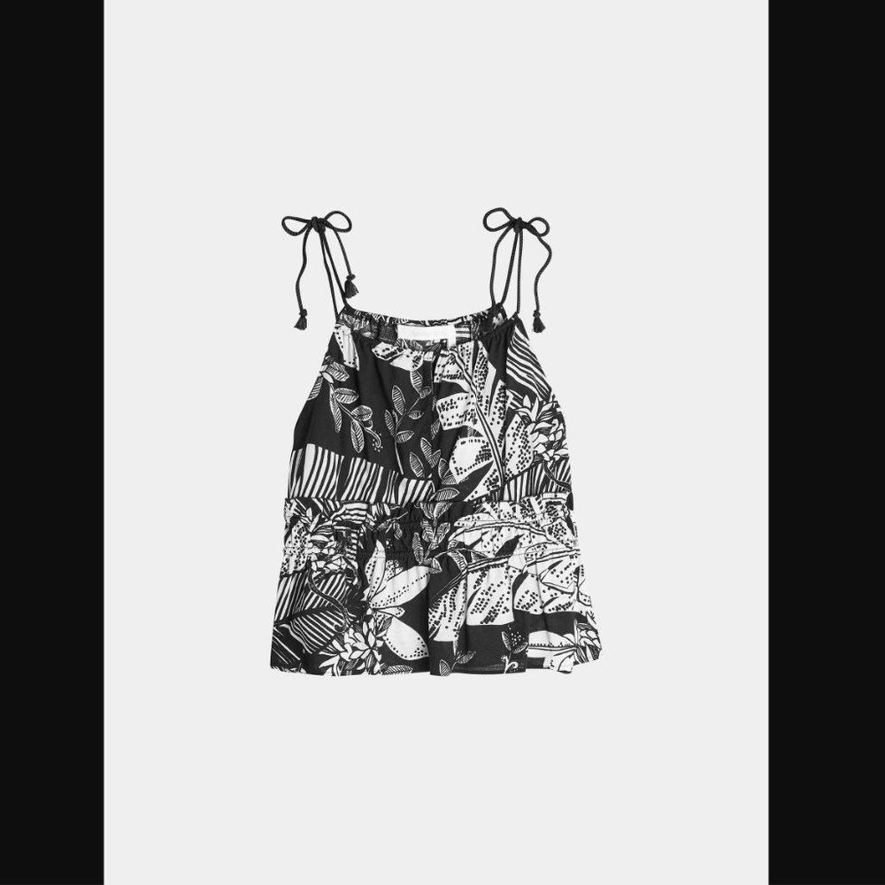 See By Chloe Monochrome Tropical Palm Print Shoulder Tie Ruffle Sleeveless Top